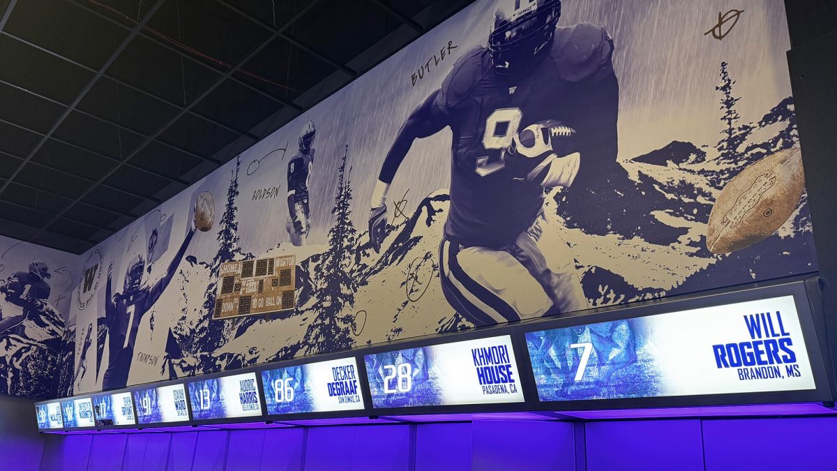 University of Washington Football locker room signage, produced and installed by SuperGraphics. Showcases branded photography and backlit player locker nameplates.