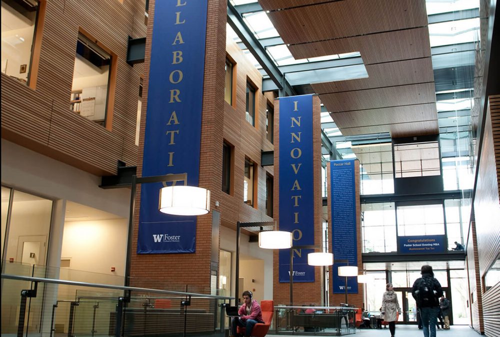 University of Washington Foster building banners, produced and installed by SuperGraphics. Banners showcase mission messaging in Foster building.
