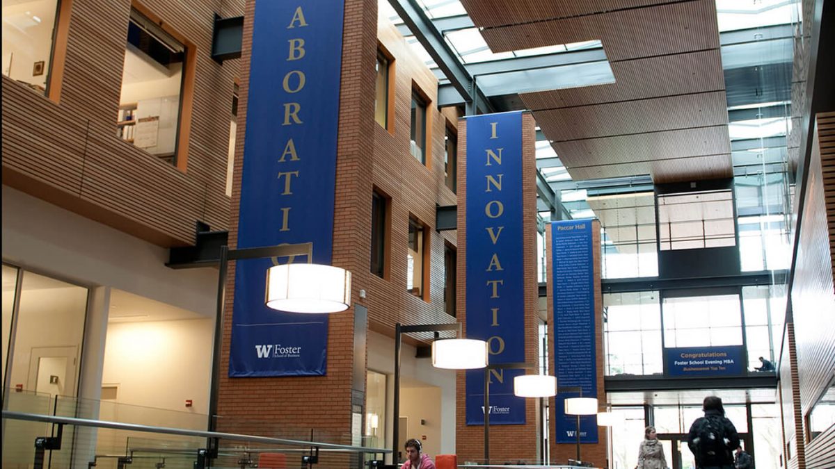 University of Washington Foster building banners, produced and installed by SuperGraphics. Banners showcase mission messaging in Foster building.