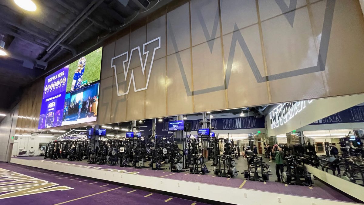 University of Washington gym wall mural, produced and installed by SuperGraphics. Features branded design wall mural above gym mirrors.