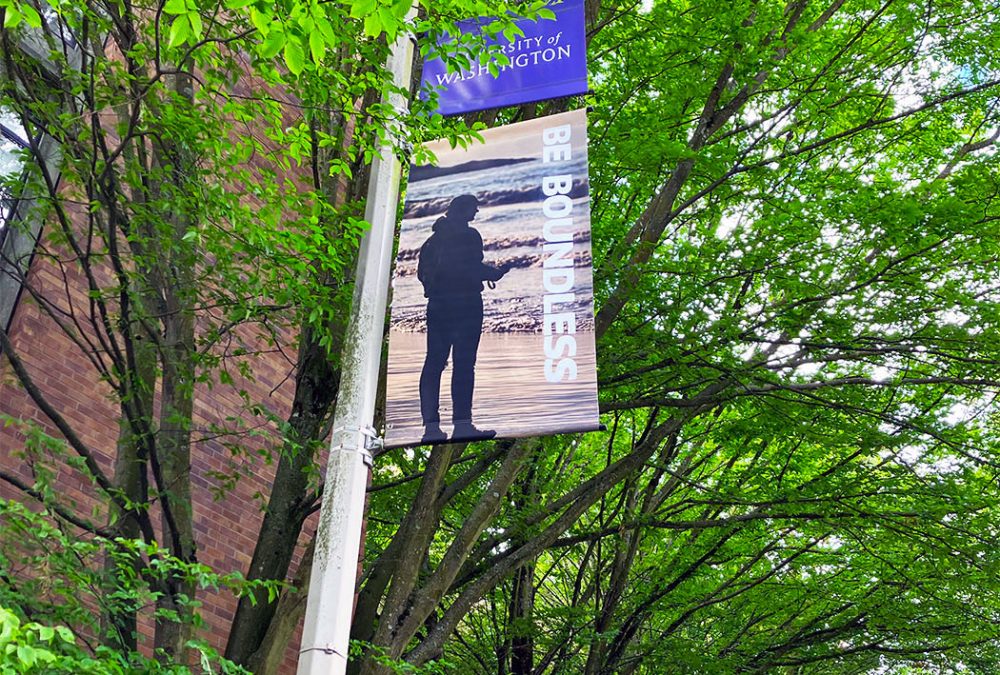 University of Washington pole banners 2022, completed by SuperGraphics.