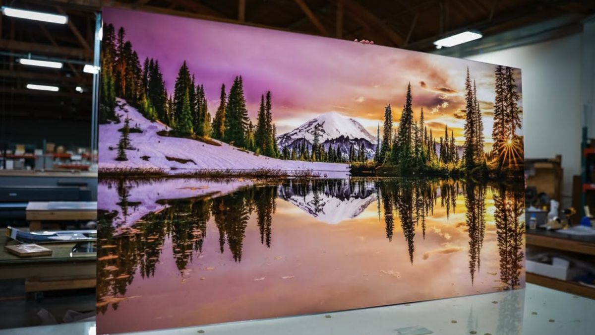 Photo of large metal print with landscape mountain. Project completed by Bumblejax, a company of SuperGraphics.