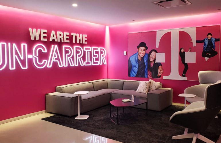 T-Mobile office graphics in Parsippany, NJ. Frame, dimensional text and lit Un-Carrier letterforms completed by SuperGraphics.